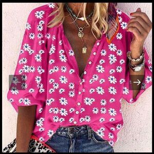 Medium Pink Floral 3/4 Flowy Blouse NWOT
